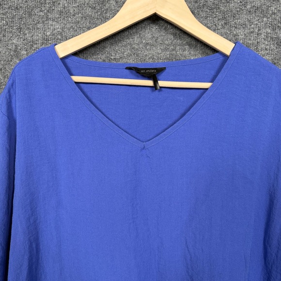 Ali Miles Plus Size 3X Top Blue Cotton Blend Roll Tab Sleeves High Low V Neck - Picture 3 of 7